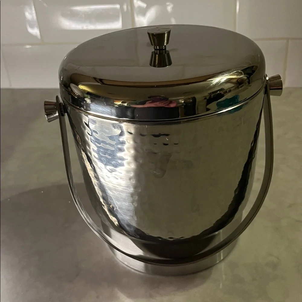 Vintage hammered Stainless Steel ice bucket with lid.